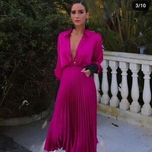 ZARA SATIN EFFECT PLEATED MIDI SKIRT FUCHSIA PINK M L NWT elastic waist